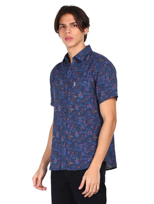 navy blue printed linen casual shirt - 17982041 - Very Small Image - 1