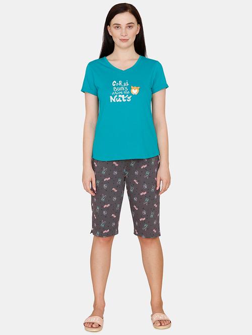 round neck printed nightwear capri set - 17982346 - Very Small Image - 1