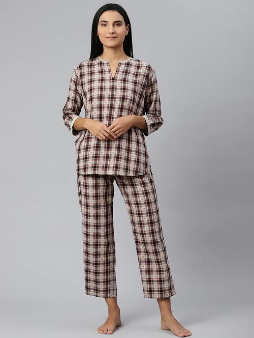 notch neck checkered nightwear pajama set - 17982494 - Very Small Image - 1