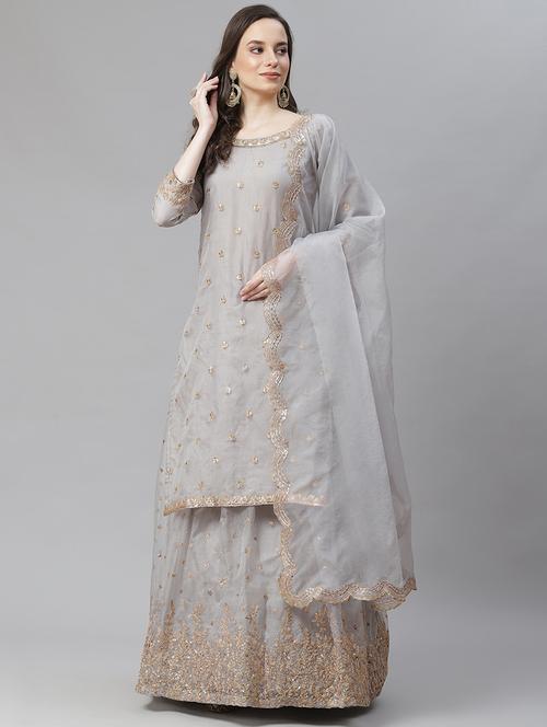 grey organza aline lehenga - 17982650 - Very Small Image - 1