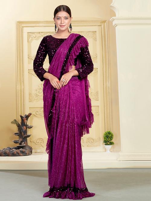 sequined embroidered saree with blouse - 17984202 - Very Small Image - 1