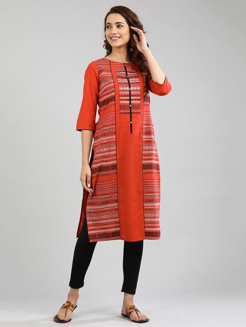 orange printed straight kurta - 17985006 - Very Small Image - 1