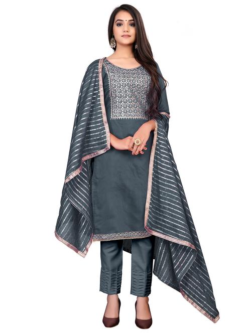 embroidered semi-stitched suit - 17986031 - Very Small Image - 1