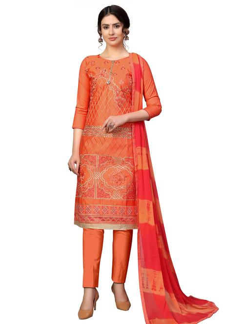 orange cotton blend semistitched suit - 17986055 - Very Small Image - 1