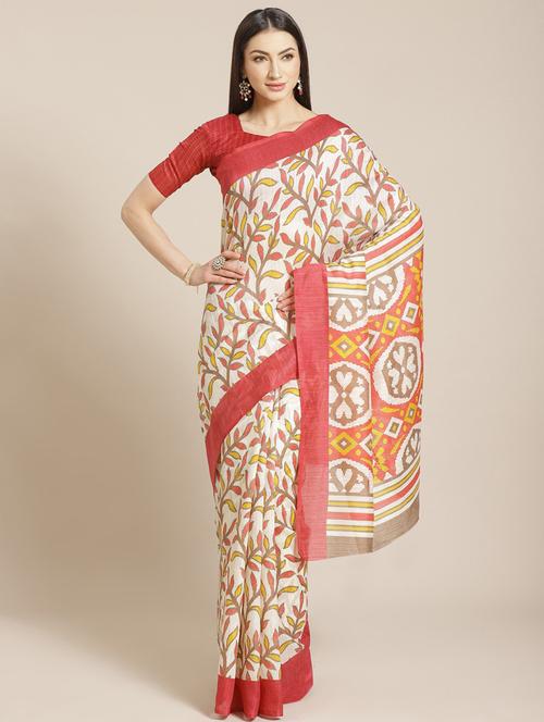 cream cotton blend printed saree with blouse - 17988870 - Very Small Image - 1