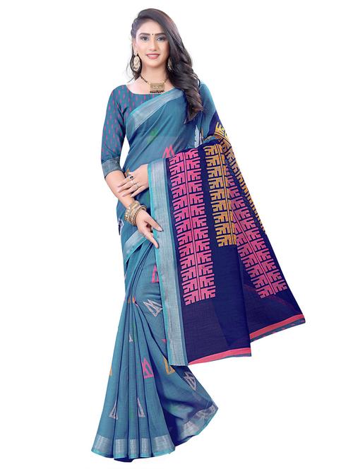 teal blue printed saree with blouse - 17988875 - Very Small Image - 1