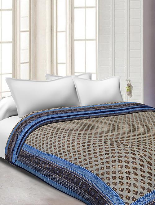 blue border cream base golden floral print super fine cotton voile(mulmul) both side printed double bed quilt - 17989675 - Very Small Image - 1