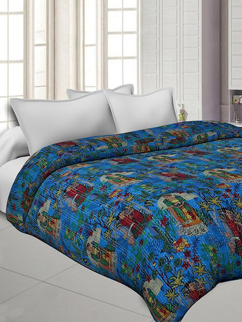 figure drawing blue cotton gudri katha work dohar comforter - 17989690 - Very Small Image - 1