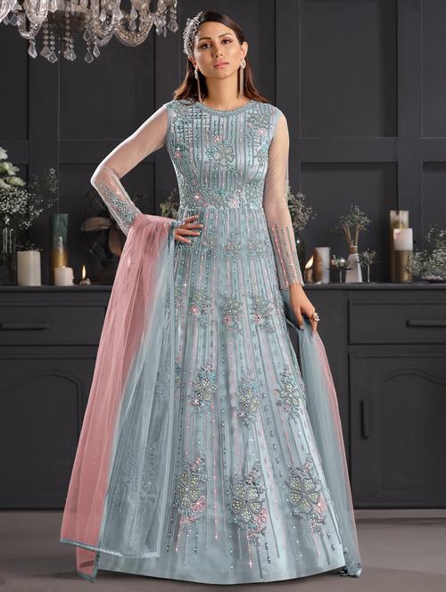 blue net semistitched suit - 17995621 - Very Small Image - 1