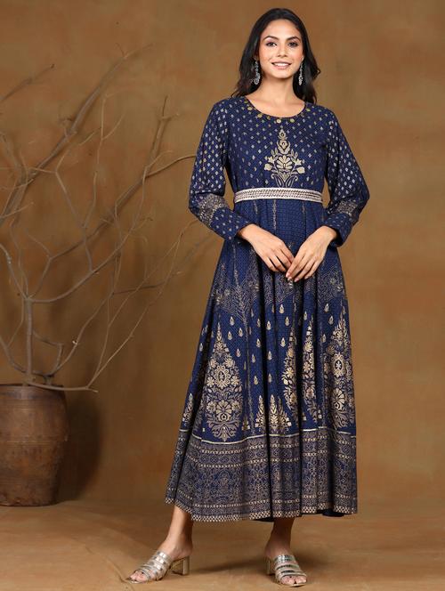 foil print flared ethnic dress - 17998092 - Very Small Image - 1