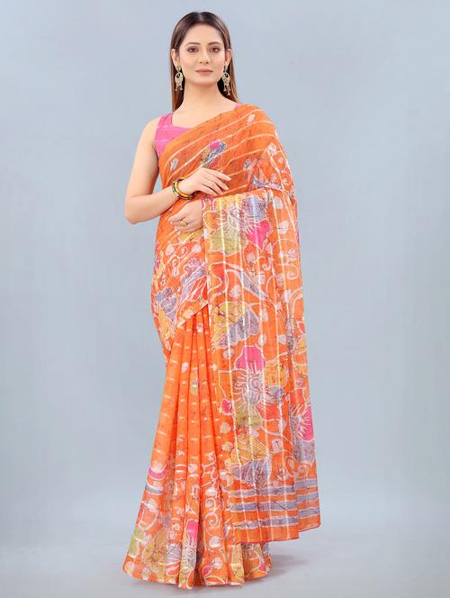floral print woven saree with blouse - 17998286 - Very Small Image - 1
