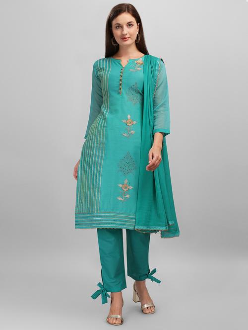 turquoise chanderi cotton unstitched suit - 17998337 - Very Small Image - 1