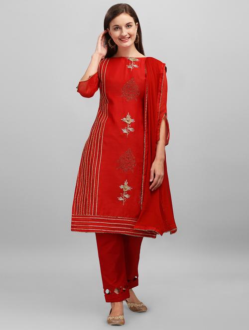 red chanderi cotton unstitched suit - 17998338 - Very Small Image - 1