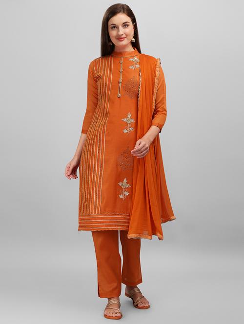 orange chanderi cotton unstitched suit - 17998341 - Very Small Image - 1