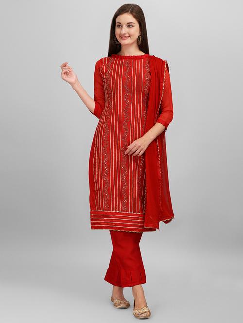 red chanderi cotton unstitched suit - 17998344 - Very Small Image - 1