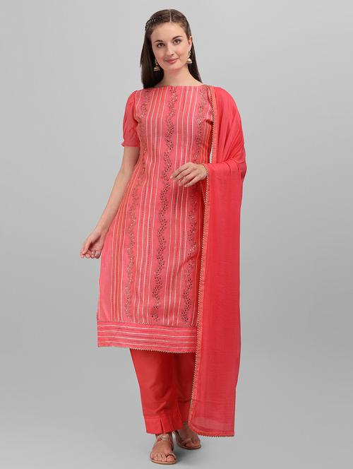 pink chanderi cotton unstitched suit - 17998346 - Very Small Image - 1