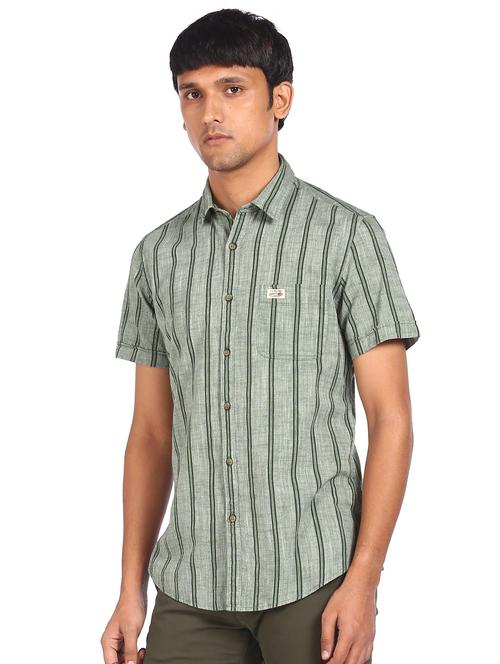 olive green striped casual shirt - 17998957 - Very Small Image - 1