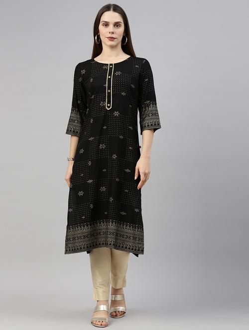 gold print straight kurta - 18002840 - Very Small Image - 1