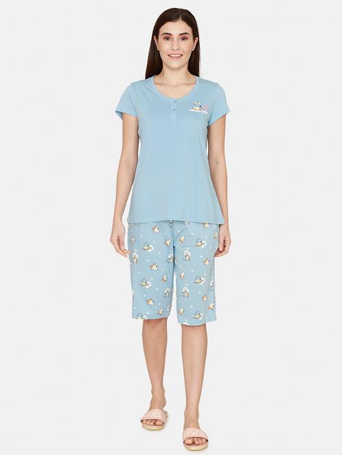 round neck printed nightwear capri set - 18003090 - Very Small Image - 1