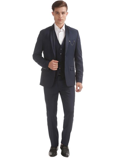 navy blue self design 3-piece suit - 18004144 - Very Small Image - 1