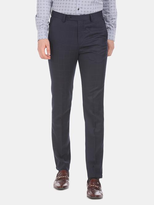 navy blue checkered flat front formal trouser - 18004427 - Very Small Image - 1