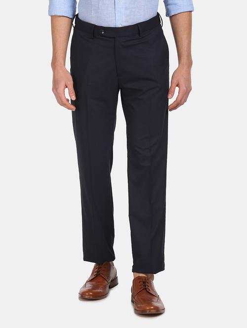 navy blue solid flat front formal trouser - 18004478 - Very Small Image - 1
