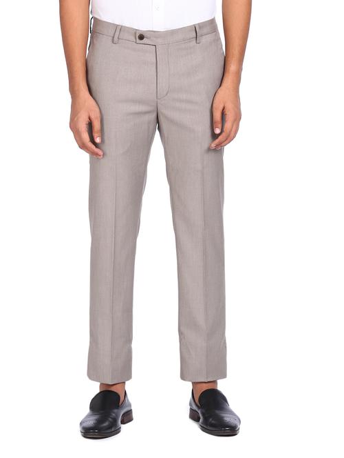 beige solid flat front formal trouser - 18004614 - Very Small Image - 1