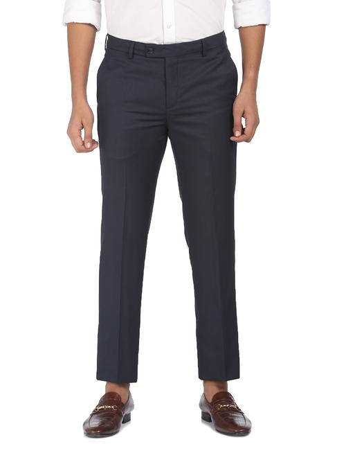 navy blue textured flat front formal trouser - 18004625 - Very Small Image - 1