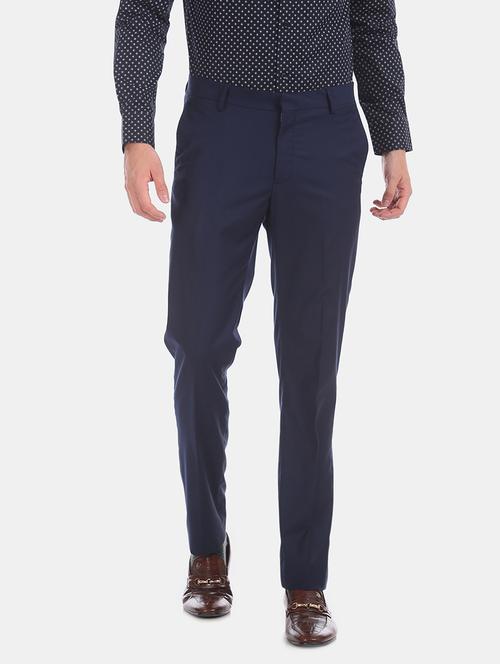 navy blue solid flat front formal trouser - 18004635 - Very Small Image - 1