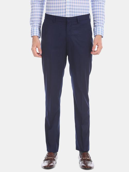navy blue textured flat front formal trouser - 18004638 - Very Small Image - 1