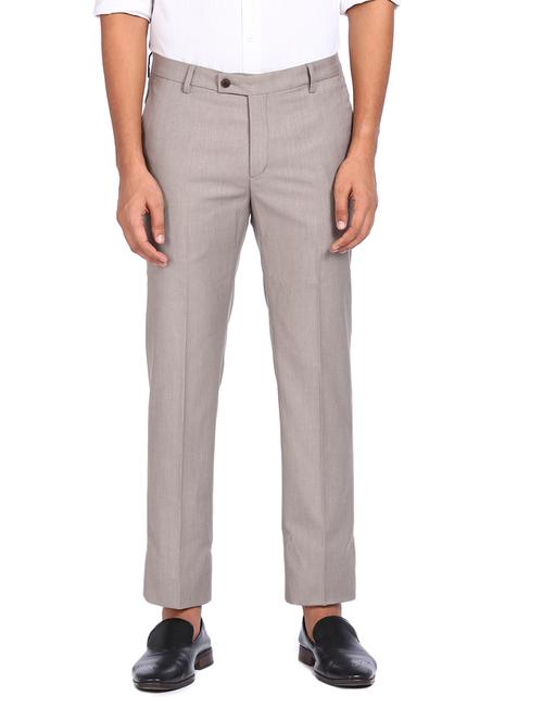 beige solid flat front formal trouser - 18004650 - Very Small Image - 1
