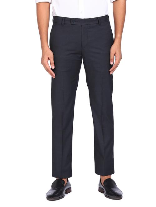 navy blue solid flat front formal trouser - 18004651 - Very Small Image - 1