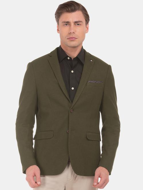 olive green solid single breasted casual blazer - 18004706 - Very Small Image - 1