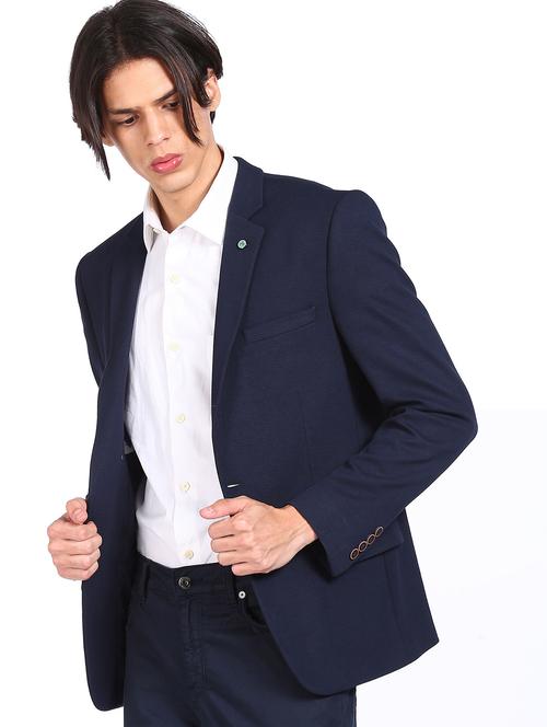navy blue solid single breasted formal blazer - 18004788 - Very Small Image - 1