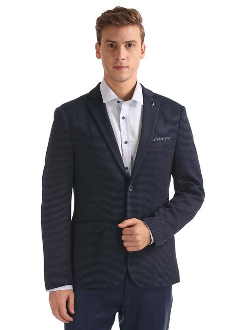 navy blue self design formal blazer - 18004851 - Very Small Image - 1