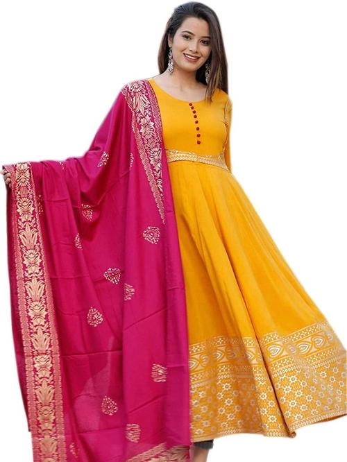 trending mustard/yellow anarkali with pink dupatta - 18006710 - Very Small Image - 1