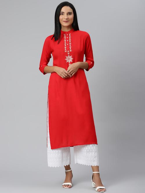red viscose straight kurta - 18007035 - Very Small Image - 1