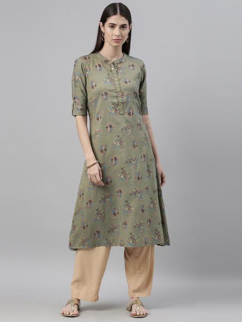 olive straight kurta - 18007045 - Very Small Image - 1