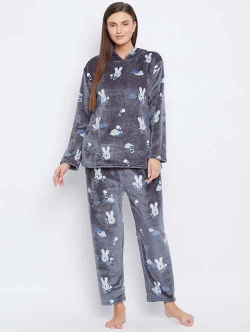 hooded neck printed nightwear pajama set - 18007194 - Very Small Image - 1