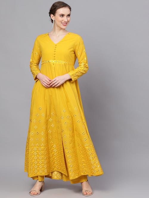 yellow cotton aline ethnic dress - 18007432 - Very Small Image - 1