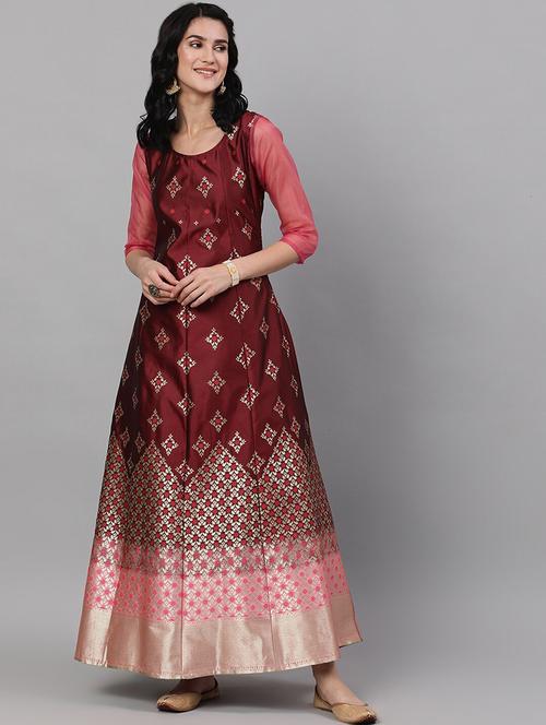 maroon printed flared ethnic dress - 18007506 - Very Small Image - 1