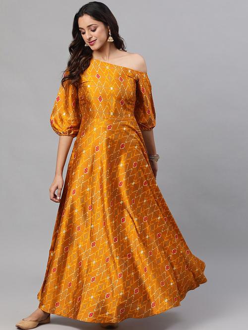 yellow printed flared ethnic dress - 18007515 - Very Small Image - 1