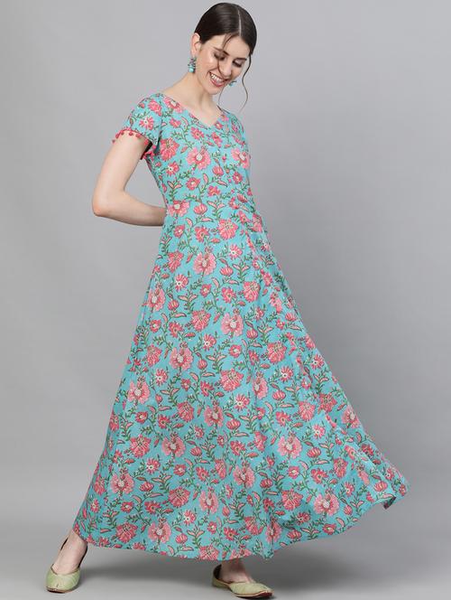 light blue printed fit & flare ethnic dress - 18007534 - Very Small Image - 1