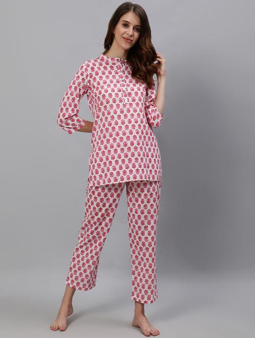 mandarin neck printed nightwear pajama set - 18007674 - Very Small Image - 1