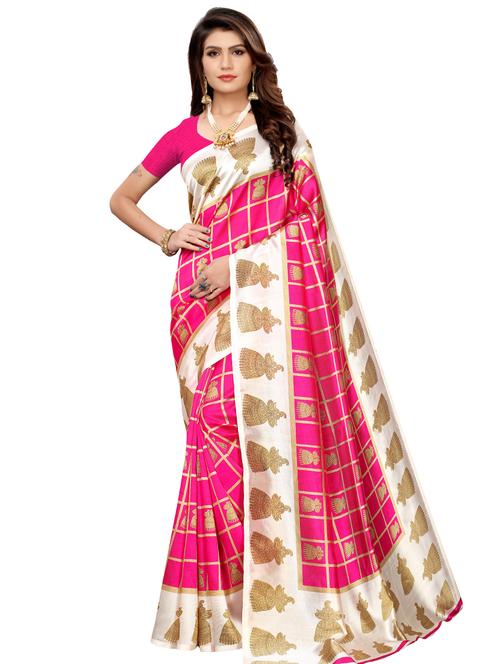 check printed saree with blouse - 18011025 - Very Small Image - 1