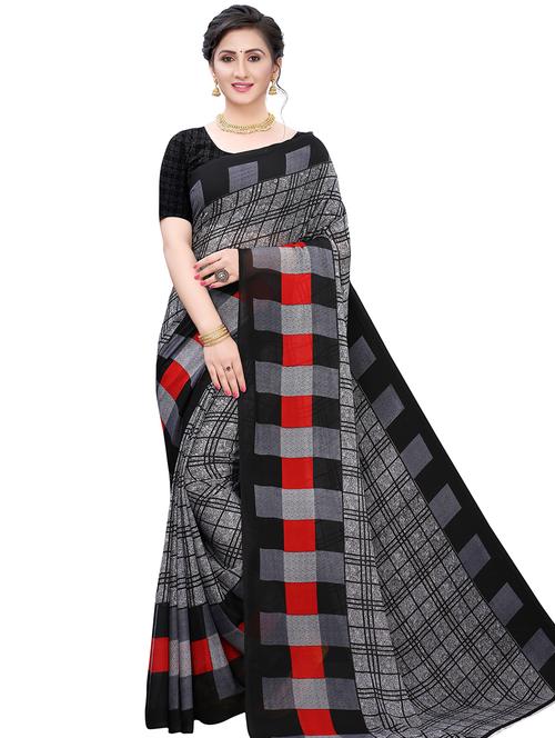 check printed saree with blouse - 18011248 - Very Small Image - 1