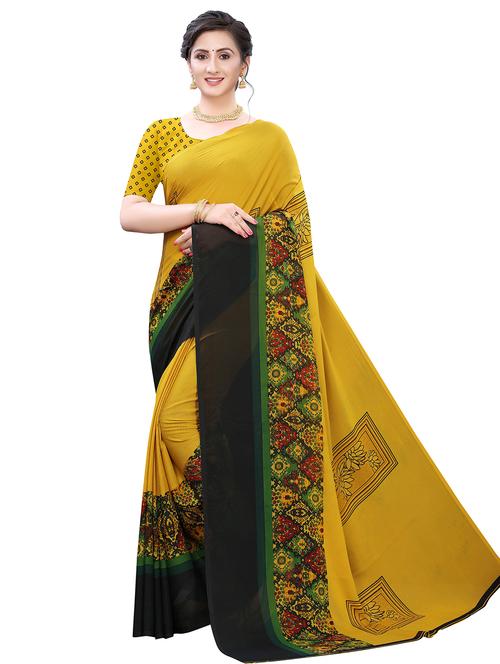 mustard printed saree with blouse - 18011260 - Very Small Image - 1