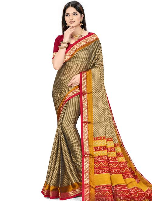 contrast border printed saree with blouse - 18012199 - Very Small Image - 1