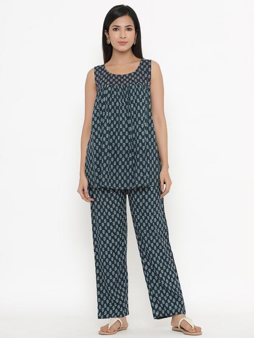 navy blue printed kurta palazzo set - 18012304 - Very Small Image - 1