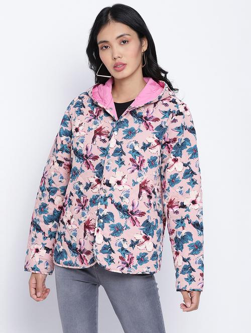 hooded neck floral jacket - 18013342 - Very Small Image - 1